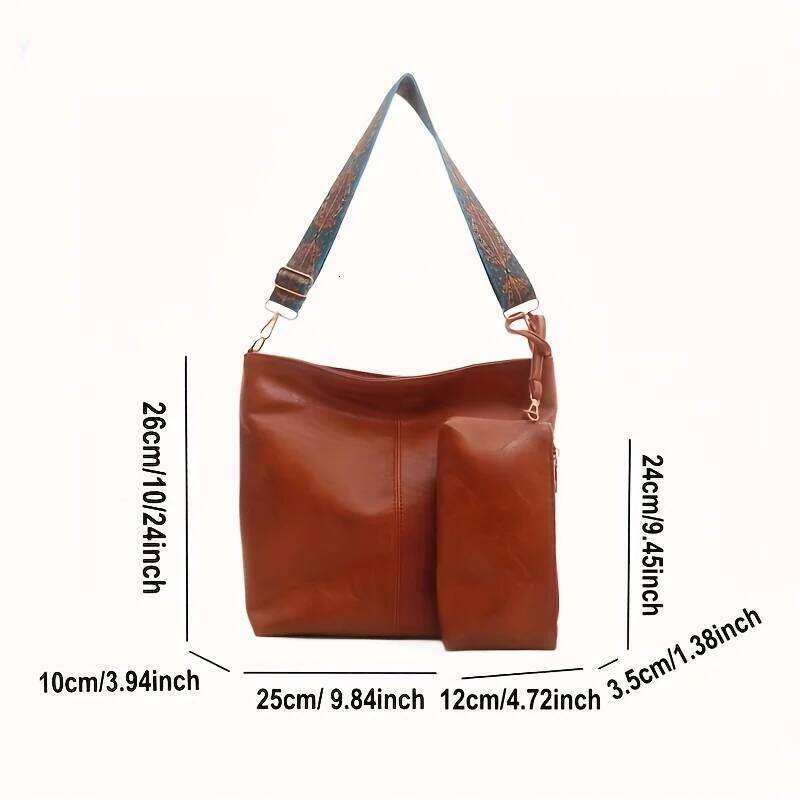 Retro PU Material Women's Bucket Tote Bag Set, Adjustable Wide Strap for Daily Need with Fashion Zipper Closure Polyester Lining XJ260306