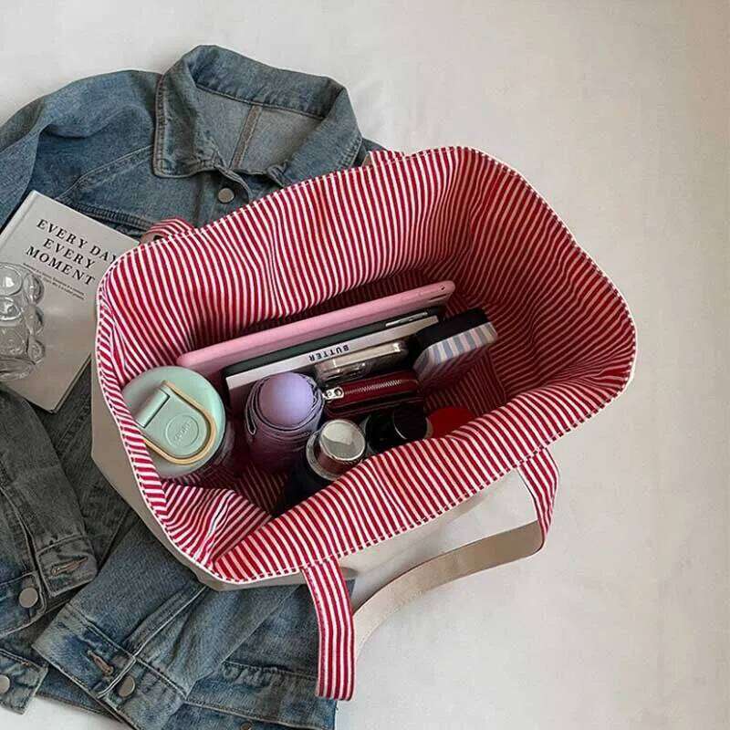 Casual Large Stripe Women's Shoulder 2025 New Fashion Commuter Tote Bag High Capaci Canvas Handbag for Youth bolso mujer XJ260306