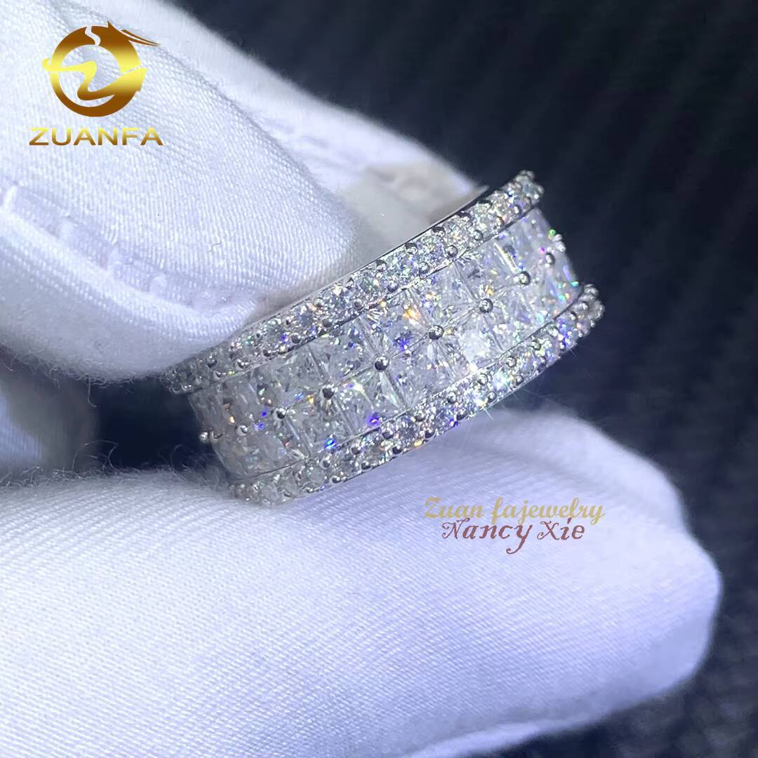 Fashion Jewelry Hip Hop Mens Cuban Gold Ring Iced Out 925 Sterling Silver 2 Rows VVS Princess Cut Moissanite Diamond Ring