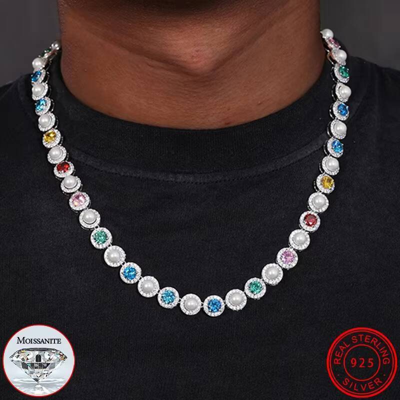 95 MM Gold Plated S925 Sterling Silver Moissanite Diamond Multi-Color Pearl Hip Hop Chain Necklace for Men Women