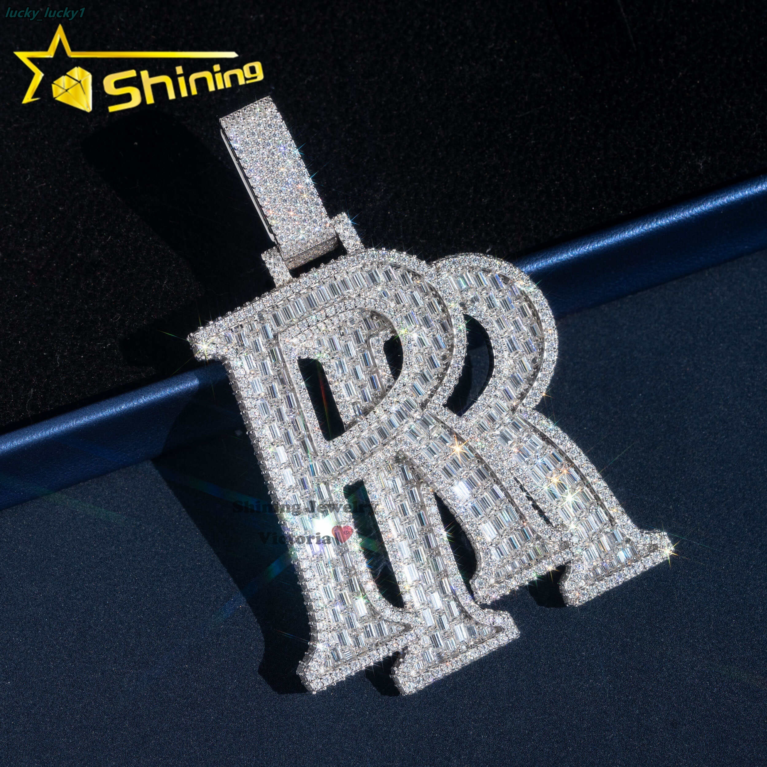 18K WhitePlating 25 Iced Out VVS Moissanite Pendant Hip Hop Rapper Jewelry Double R Initial Pendant With Cuban Chain