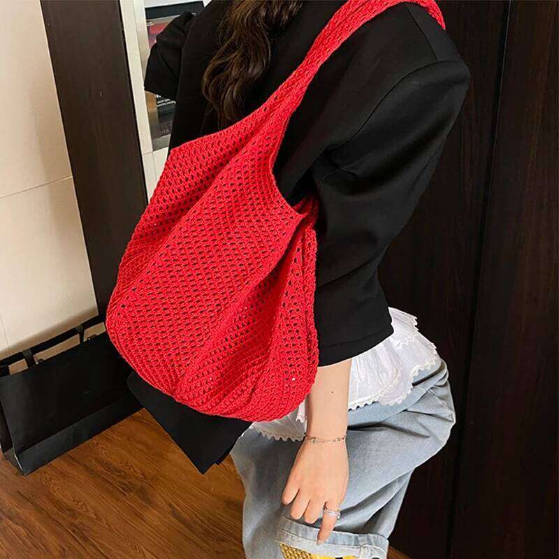 Women Knitting Shoulder Hollow Out Crochet Mesh Bag Large Capacity Knitted Tote Ladies Daily Handbag XJ260306