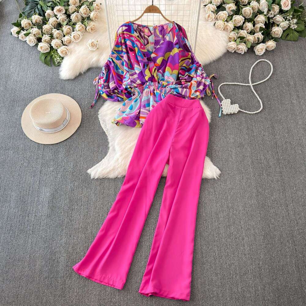 2026 Designer Fashion A13 Women's Casual European and American Style Short Sleeve V-neck Waist Wide Songhua Shirt Two Piece Set