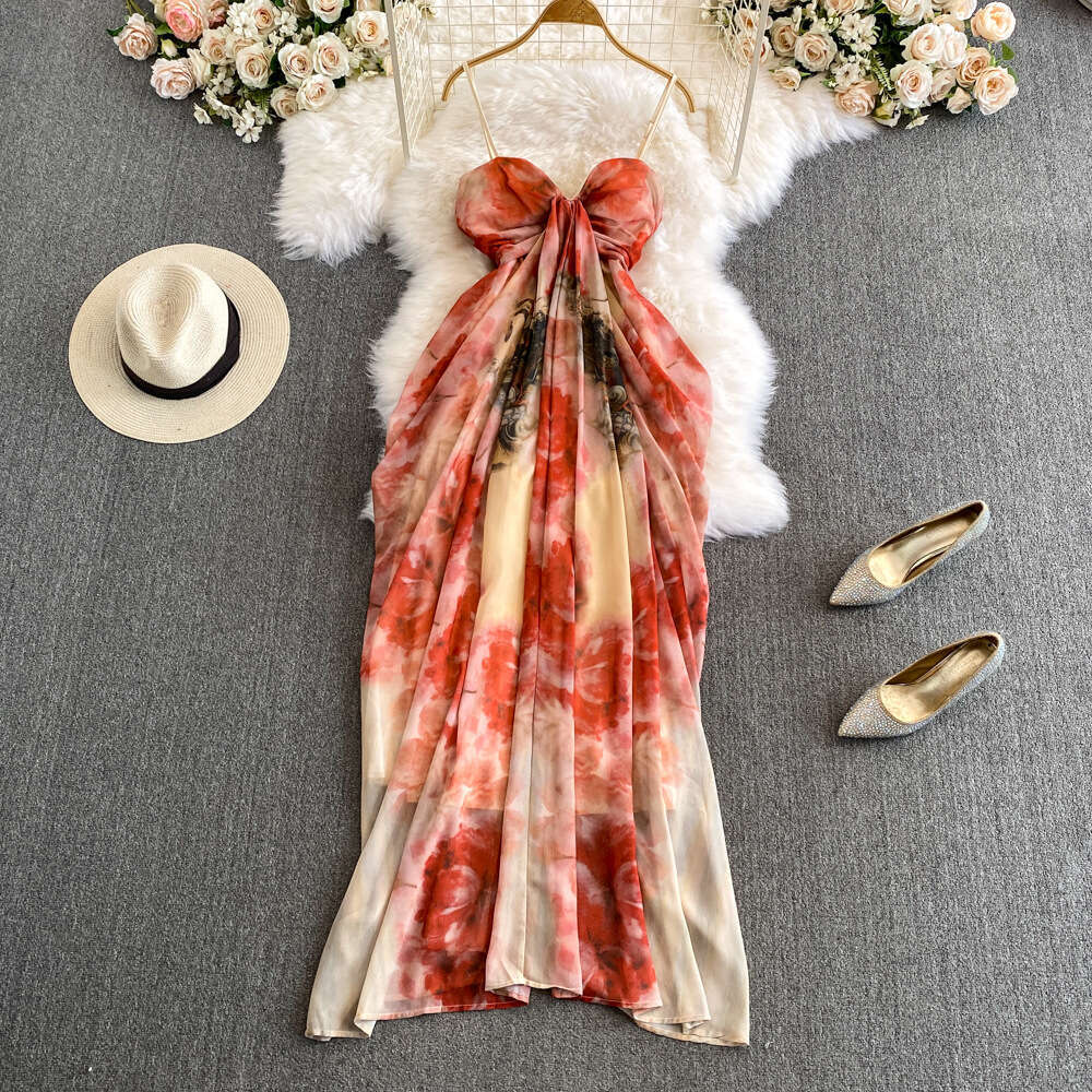 2026 designer niche high-end women's tie dye printed vest dress French pure sexy V-neck backless strapless long style