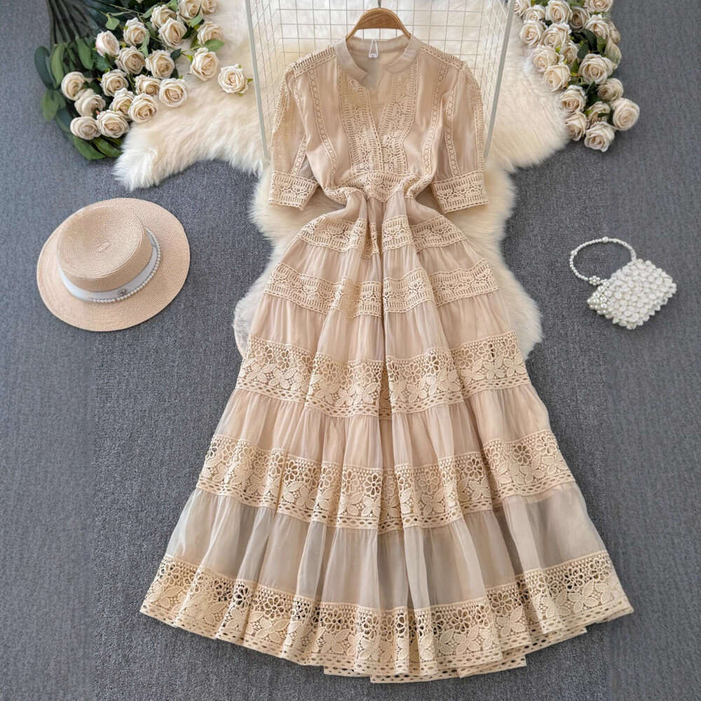 2026 French Spring/Summer Elegant Women's Dress, Unique Hollow Lace Splicing Bubble A13 Sleeve Long Dress