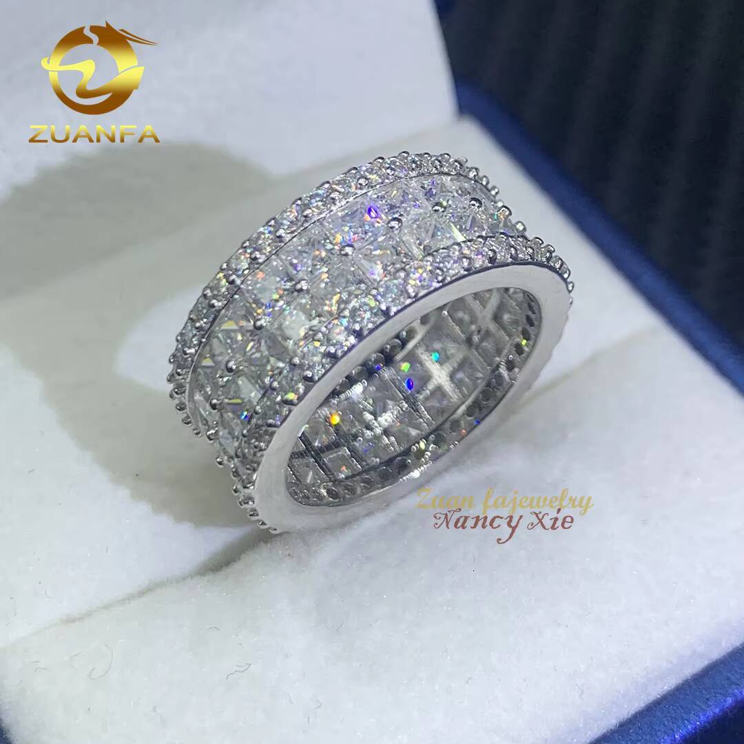 Fashion Jewelry Hip Hop Mens Cuban Gold Ring Iced Out 925 Sterling Silver 2 Rows VVS Princess Cut Moissanite Diamond Ring