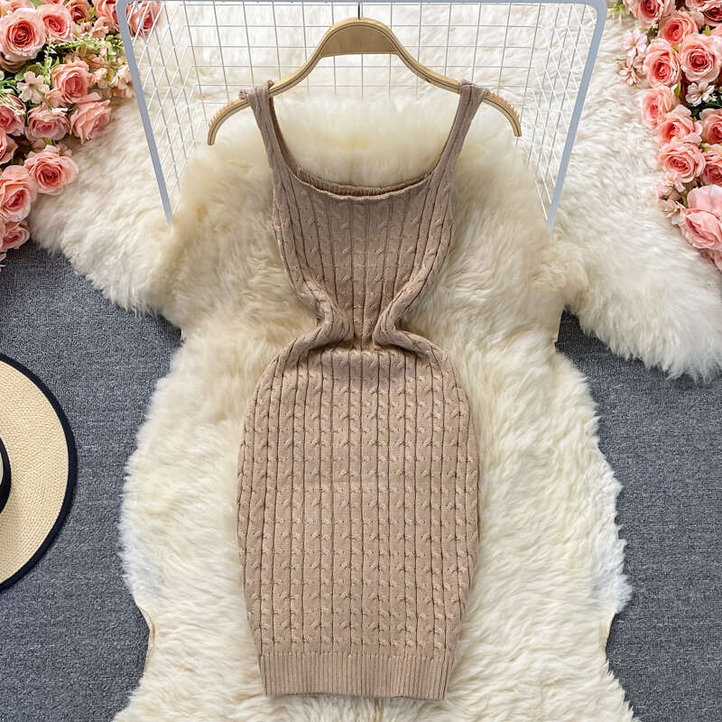 2026 Spring/Summer New Korean Knitted Tank Top, Slimming Waist, Tight Strap Dress