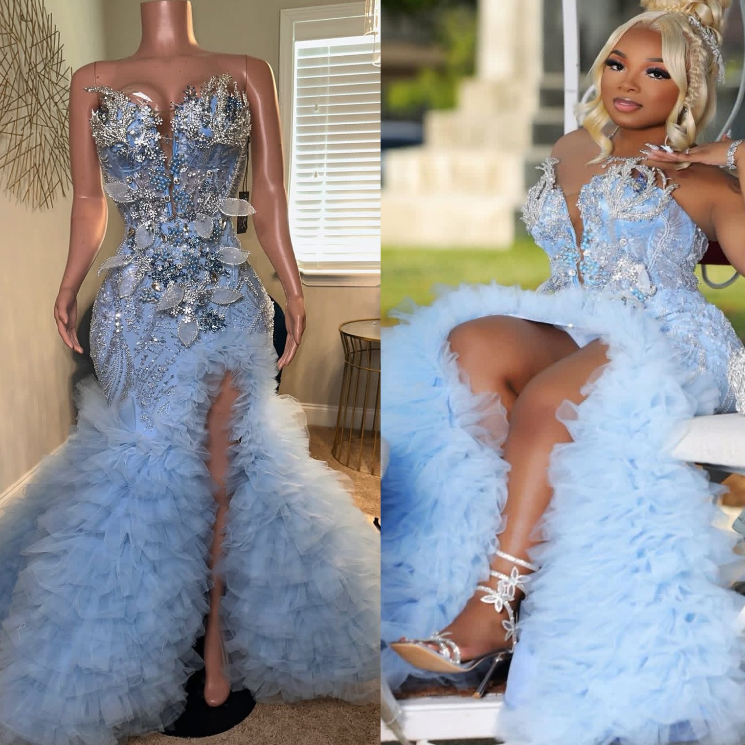 2K26 Light Sky Blue Prom Dress 2026 Mermaid Prom Dress Crystals Florals High Split Tiers Evening Dresses Birthday Party Formal Receiption Gowns Dresse