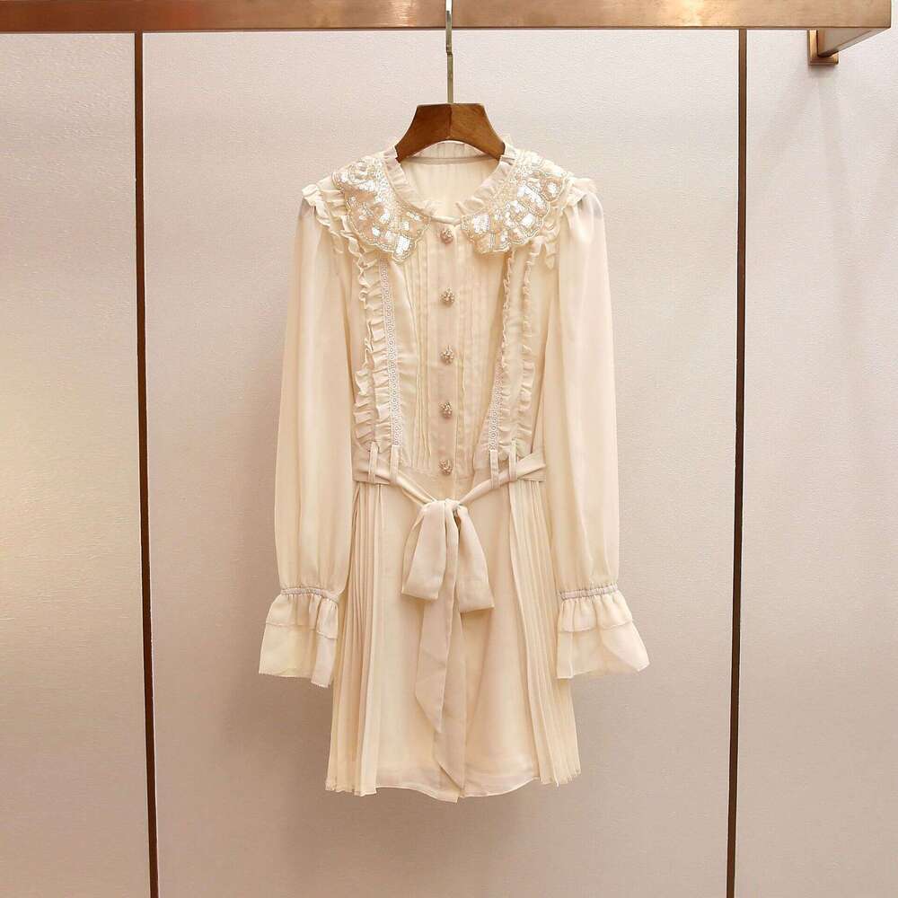 2026 autumn and winter new casual elegant style pleated patchwork bead doll collar waistband chiffon women's long sleeved dress