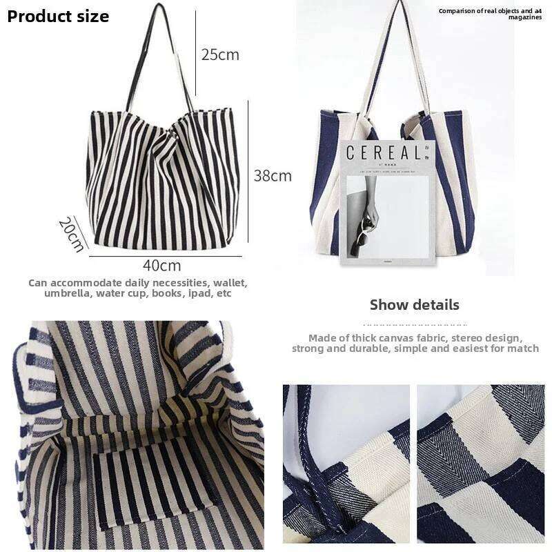 Large Capcity Korean Style Stripe Canvas Tote Female Casual Simple Shoulder Bags Shopping Handbag Daily Totes Bag XJ260306