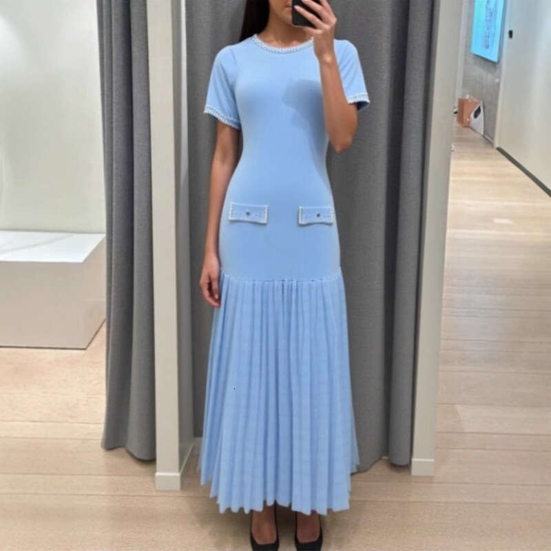 2026 Spring and Summer Designer's New Round Neck Short Sleeve Knitted French Beaded Long Dress