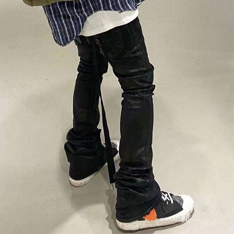 Owen Seak Mens Oil wax Jeans Classic Denim Gothic Coated Casual Flared Trousers High Street Solid Designer Pants H260306