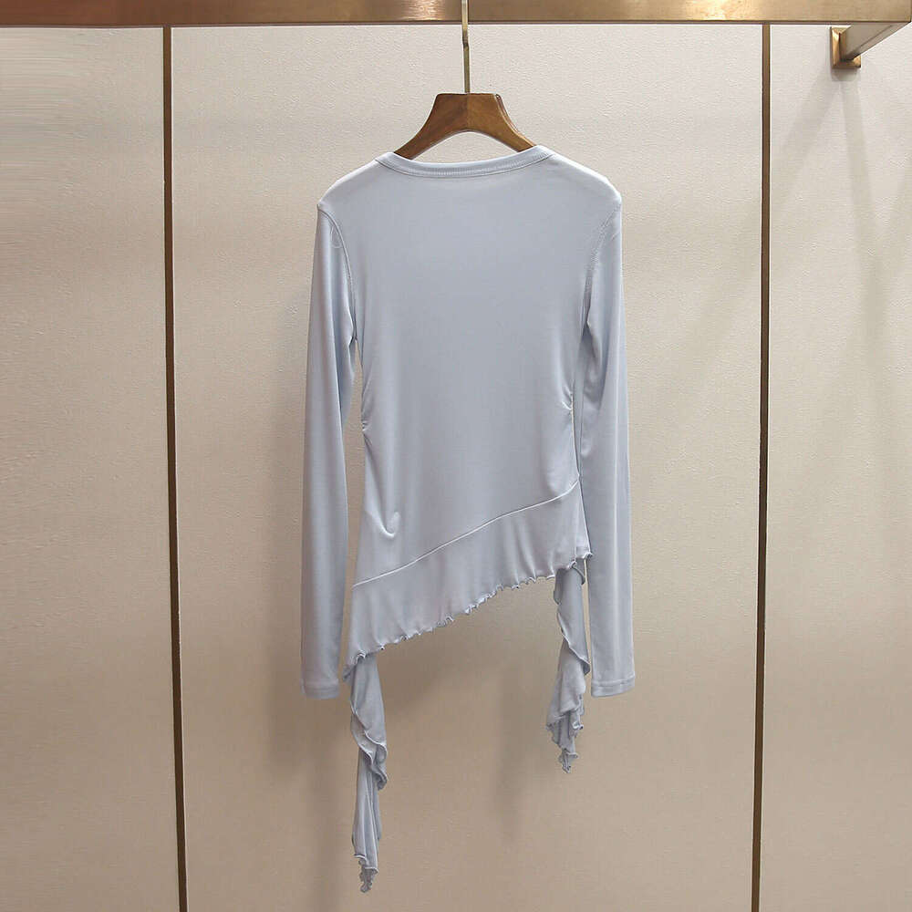 2026 designer high-end women's clothing spring new style spicy girl style retro A12 lace up ruffle edge irregular women's T-shirt set