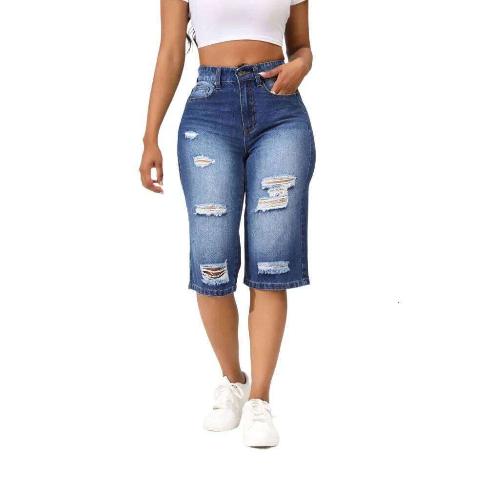 Mid-length Washed Ripped High Waist Jeans. New Summer Casual and Loose Comfortable Straight-leg Seven-inch Jeans for Women XJ260306