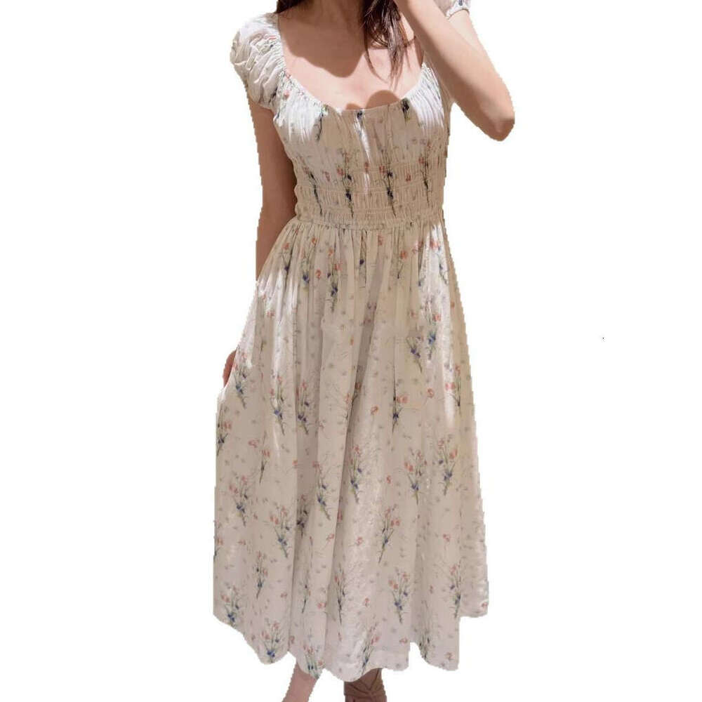 2026 Spring/Summer New Designer Women's Romantic Printed Bubble Sleeves Round Neck Drawstring Waist Skirt