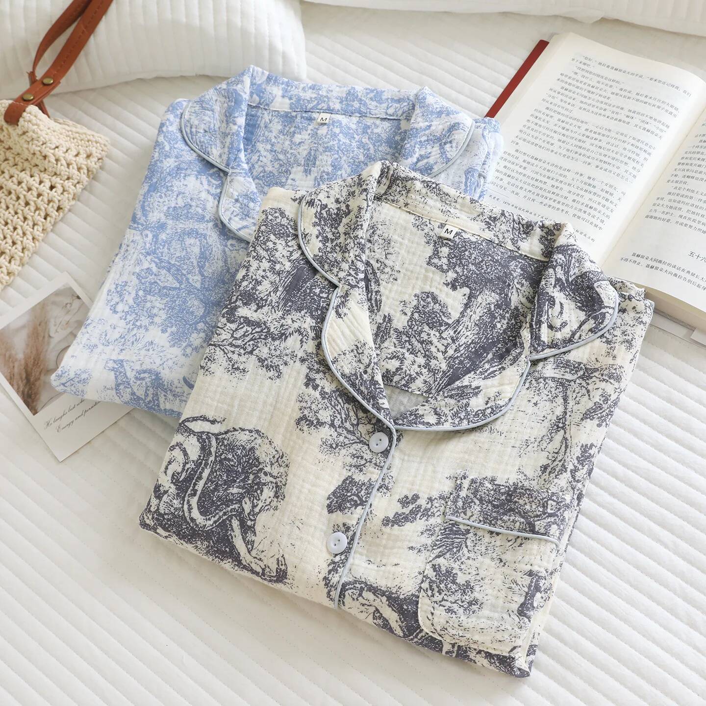 Cotton Double-layer Gauze Sleepwear for Women's Spring and Autumn Thin Long Pants Breathable Two-piece Home Clothes Set