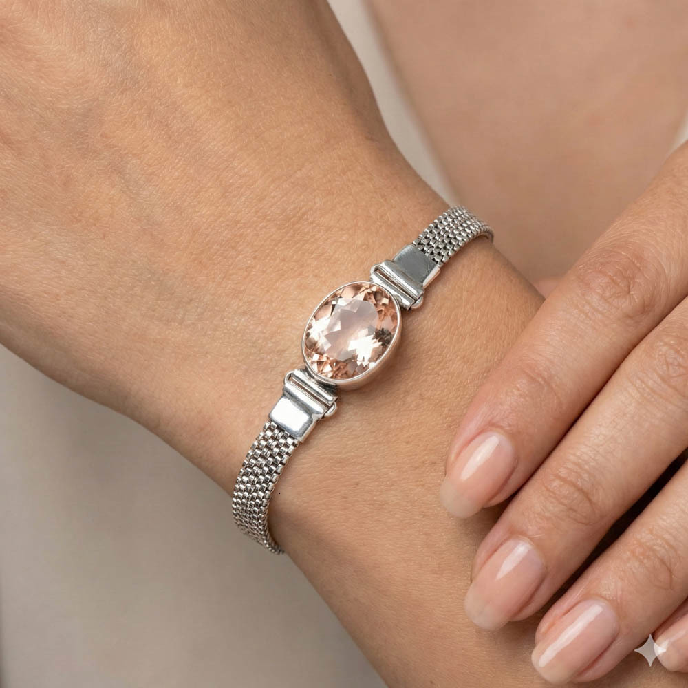 Samrat Jewels Sterling Silver Plated Handmade Bohemian Trendy Chain Link Bracelet Women Morganite Oval Cut Adjustable Party Gift