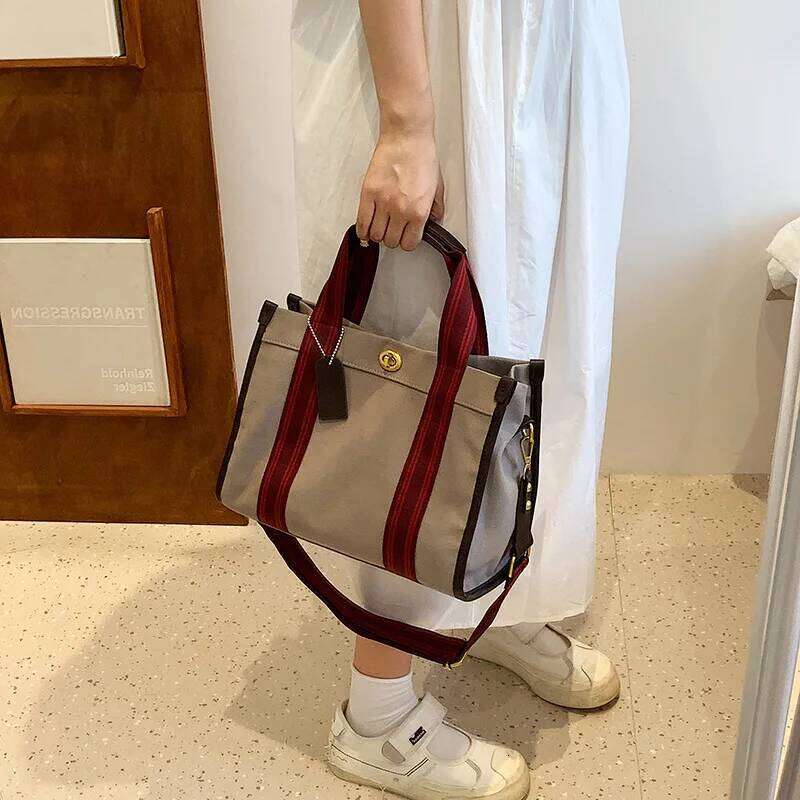 Quality Canvas Handbag For Women Large Capacity Contrast Color Wide Strap Shoulder Bags 2022 Designer Big Shopper Tote Bag XJ260306