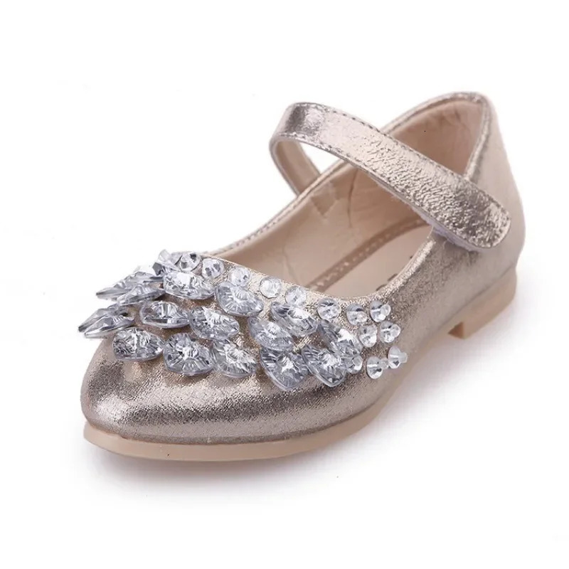 Girls Crystal Shiny Princess Shoes Kids Sweet Flats Performance Shoes Fashion Childrens Leather Shoes for Party Wedding 260302