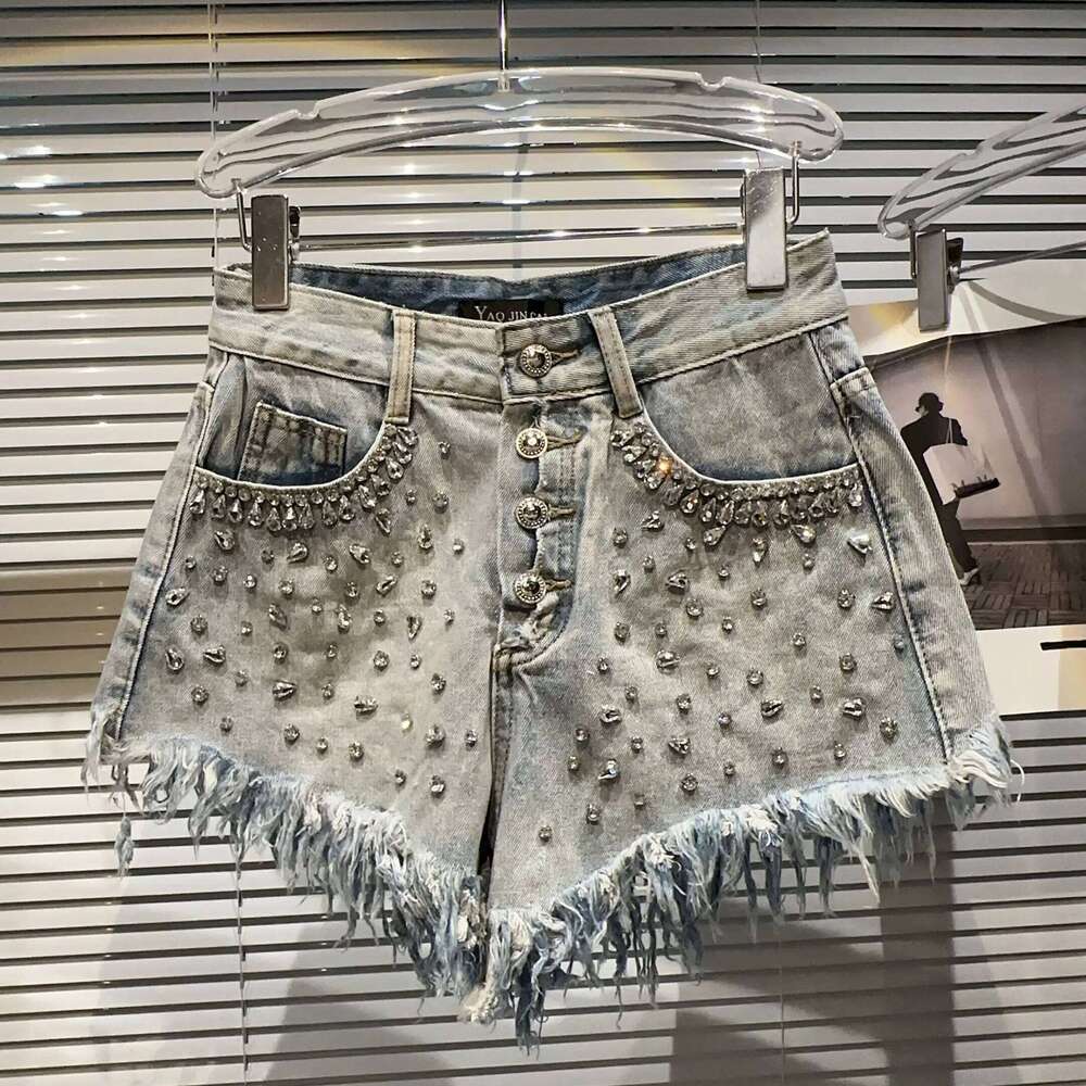 Spring Autumn Rhinestones Diamonds Beaded Jeans Tassels Edge Denim Shorts Crystal Fringed Hot Pants Sequined Cowboy Trousers XJ260306