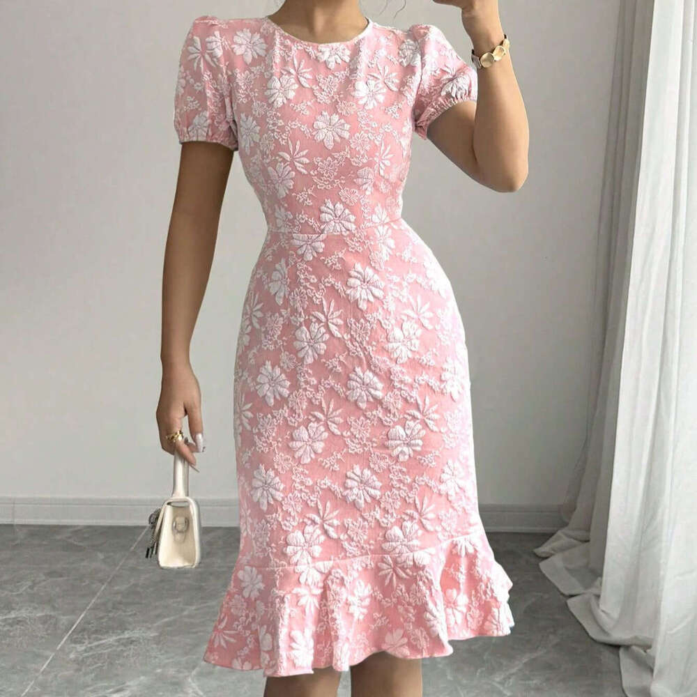 2026 European and American Spring and Summer New Women's Bubble Sleeve Jacquard Round Neck Retro Style Dress