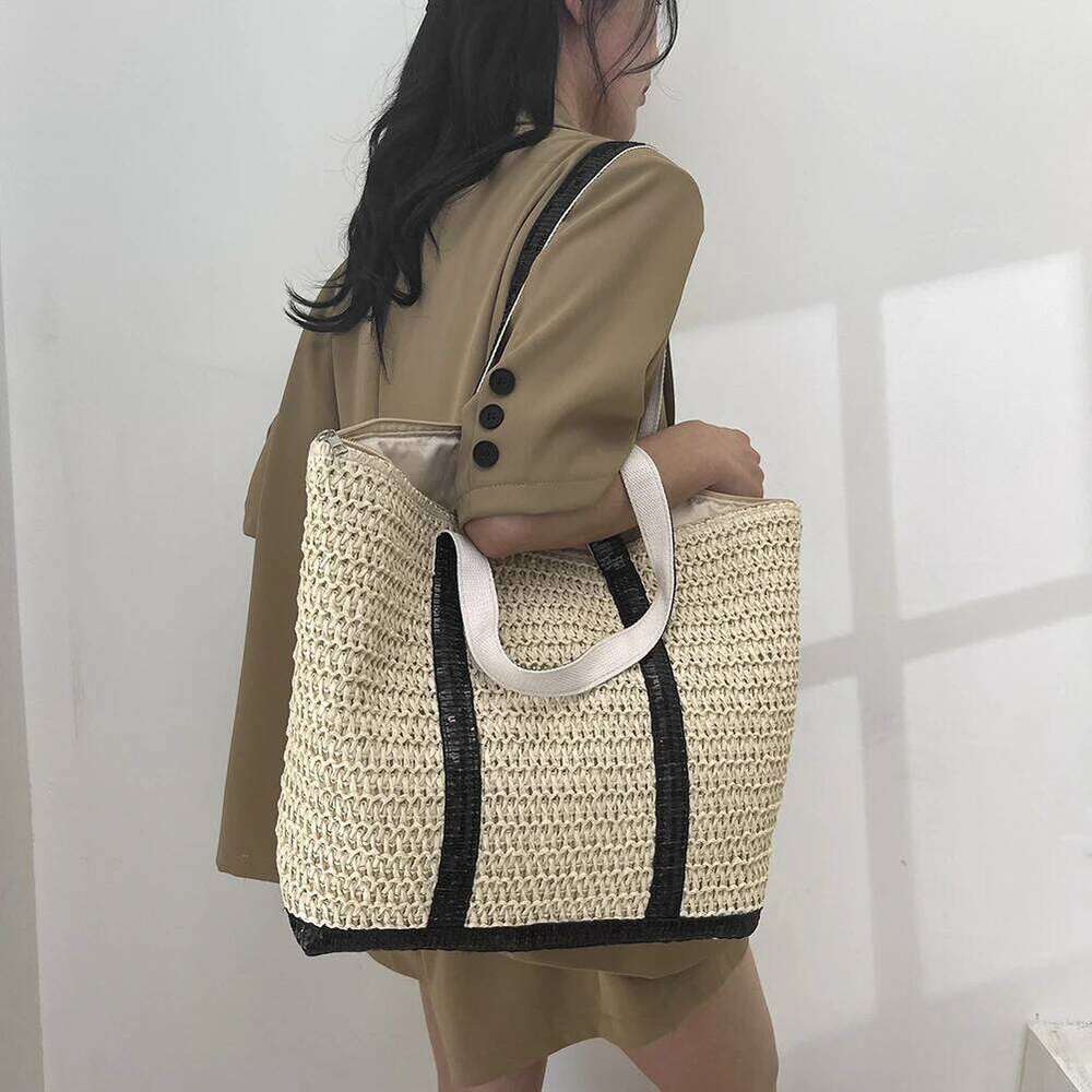 Women Straw Handbag Large Capacity Sequins Weaving Travel Contrast Color Minimalist Tote Ladies Summer Daily Bag XJ260306
