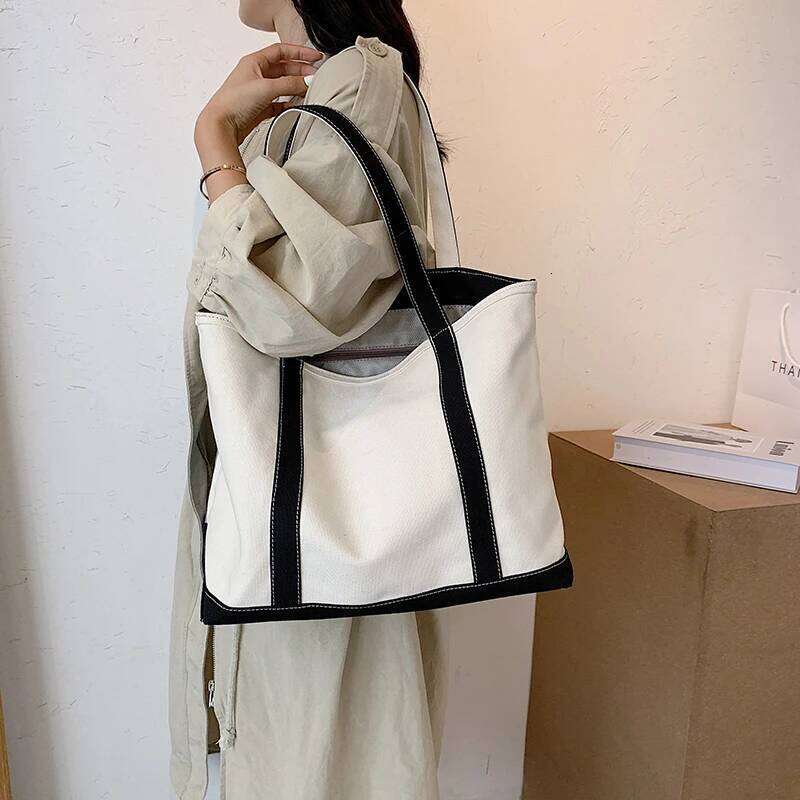 Simple Canvas Women's Handbag Zipper Shoulder 2022 Fashion Striped Strap Large Capacity Ladies Square Tote Shopping Bag XJ260306