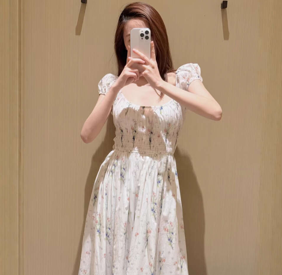 2026 Spring/Summer New Designer Women's Romantic Printed Bubble Sleeves Round Neck Drawstring Waist Skirt