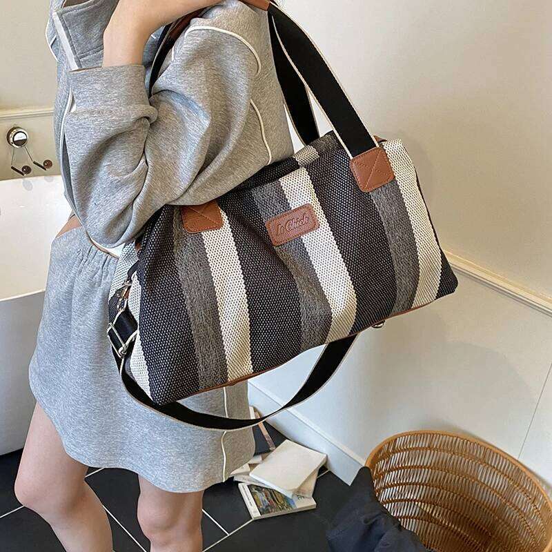 Quality Big Striped Boston Bags For Women Canvas Fabric Large Capacity Shopper Shoulder Crossbody Tote Bag 2025 Designer Handbag XJ260306