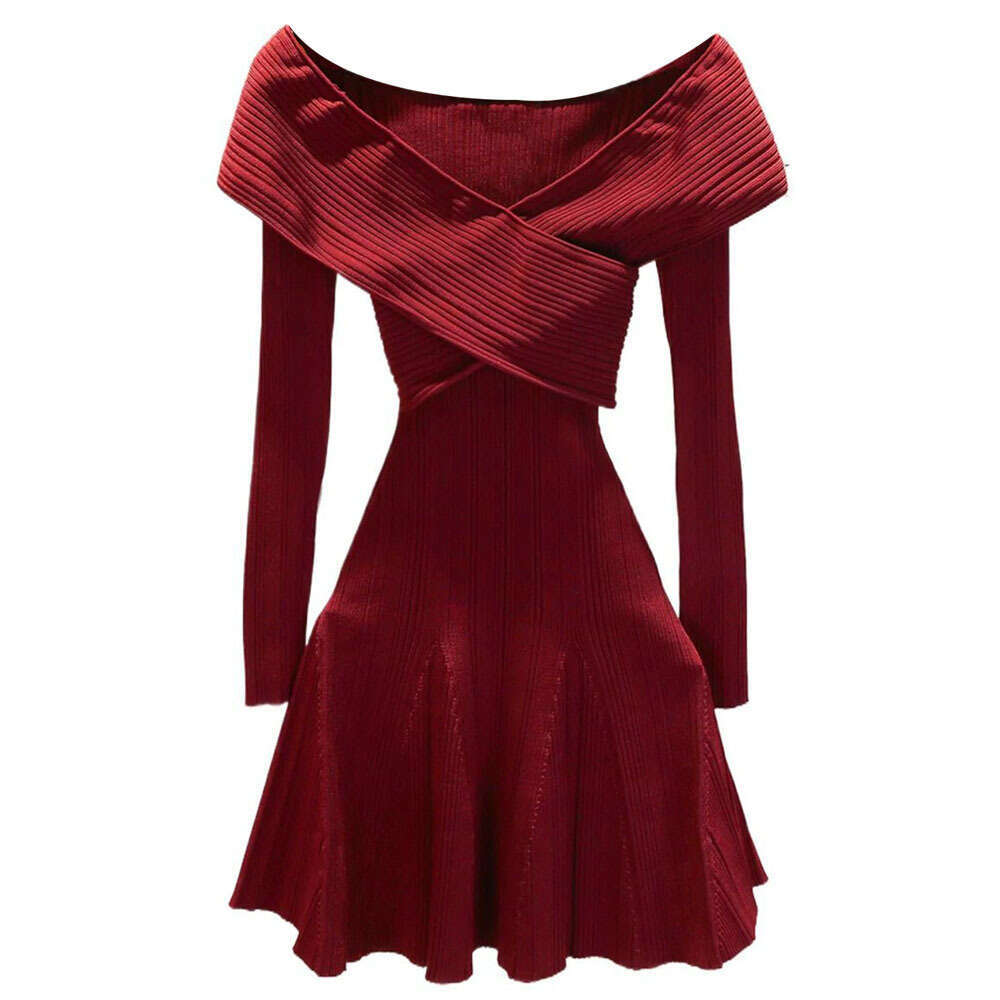 2026 Spring/Autumn New Designer Wine Red Off Shoulder A13 Long Sleeve Slimming Women's Knitted Short Skirt