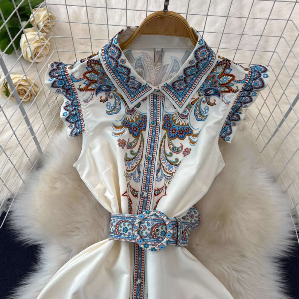 2026 designer high-end luxury style sleeve flowing collar folding waist slimming single breasted A13 A-line printed shirt skirt