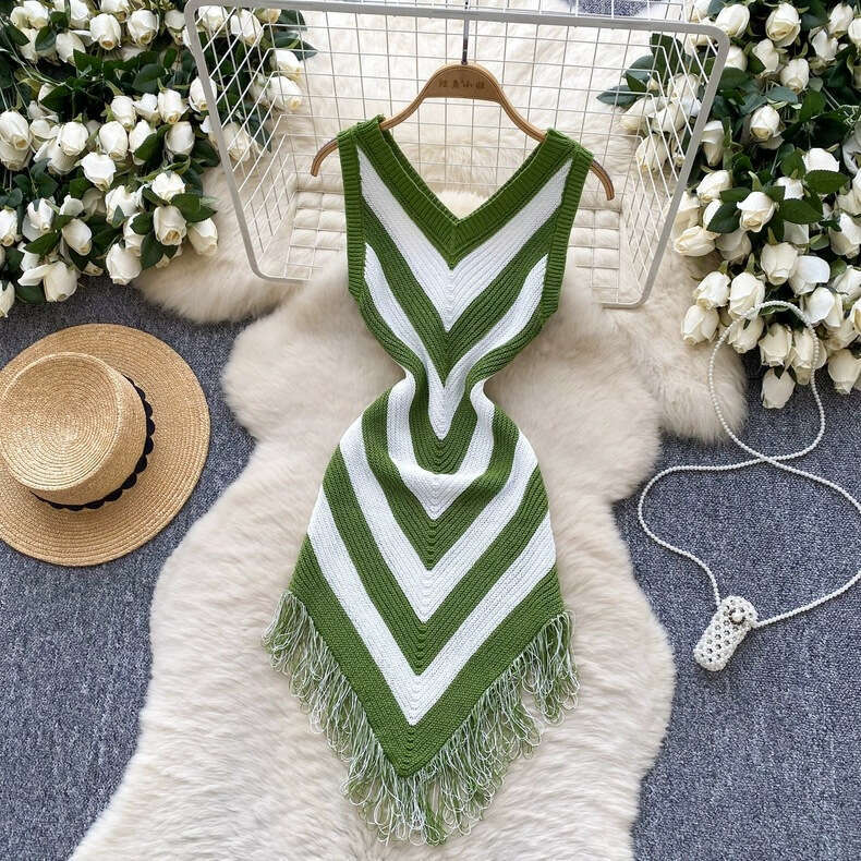 2026 European and American style sexy V-neck vacation style sleeveless striped knitted women's dress slim fit tassel