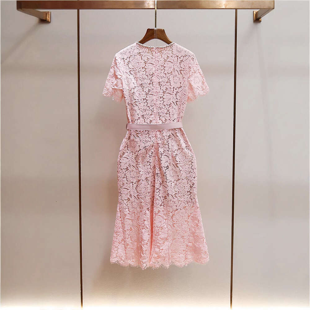 2026 Spring and Summer New High end Pink Thick Lace Beaded Round Neck Short Sleeve A-line Mermaid Dress