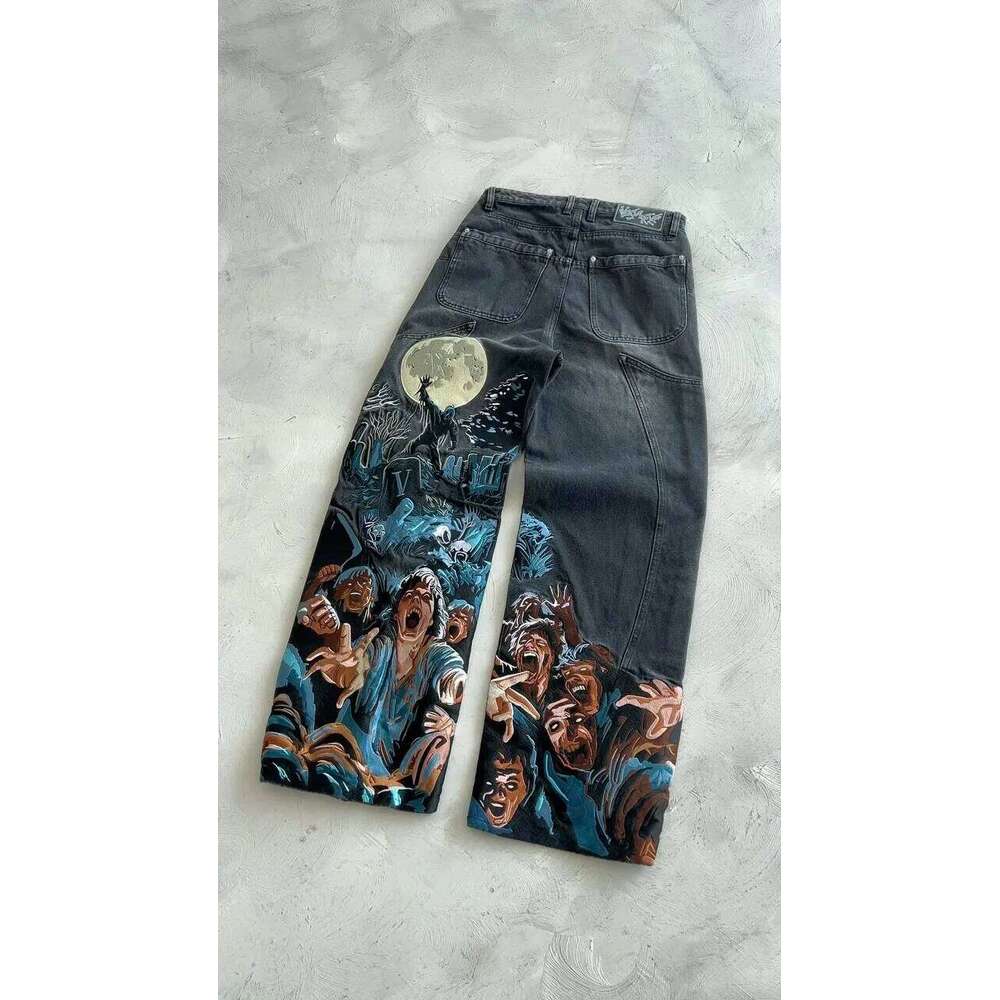 Thriller Zombie Full Embroidery Hip Hop Punk Men Women High Waist Straight Wide Leg Denim Pants Y2k Retro Baggy Jeans C260522