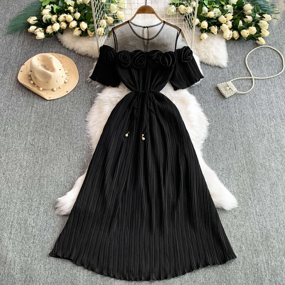 Elegant and exquisite long sleeved three-dimensional floral detail tie waist women's slim fit A-line pleated skirt 2026 spring