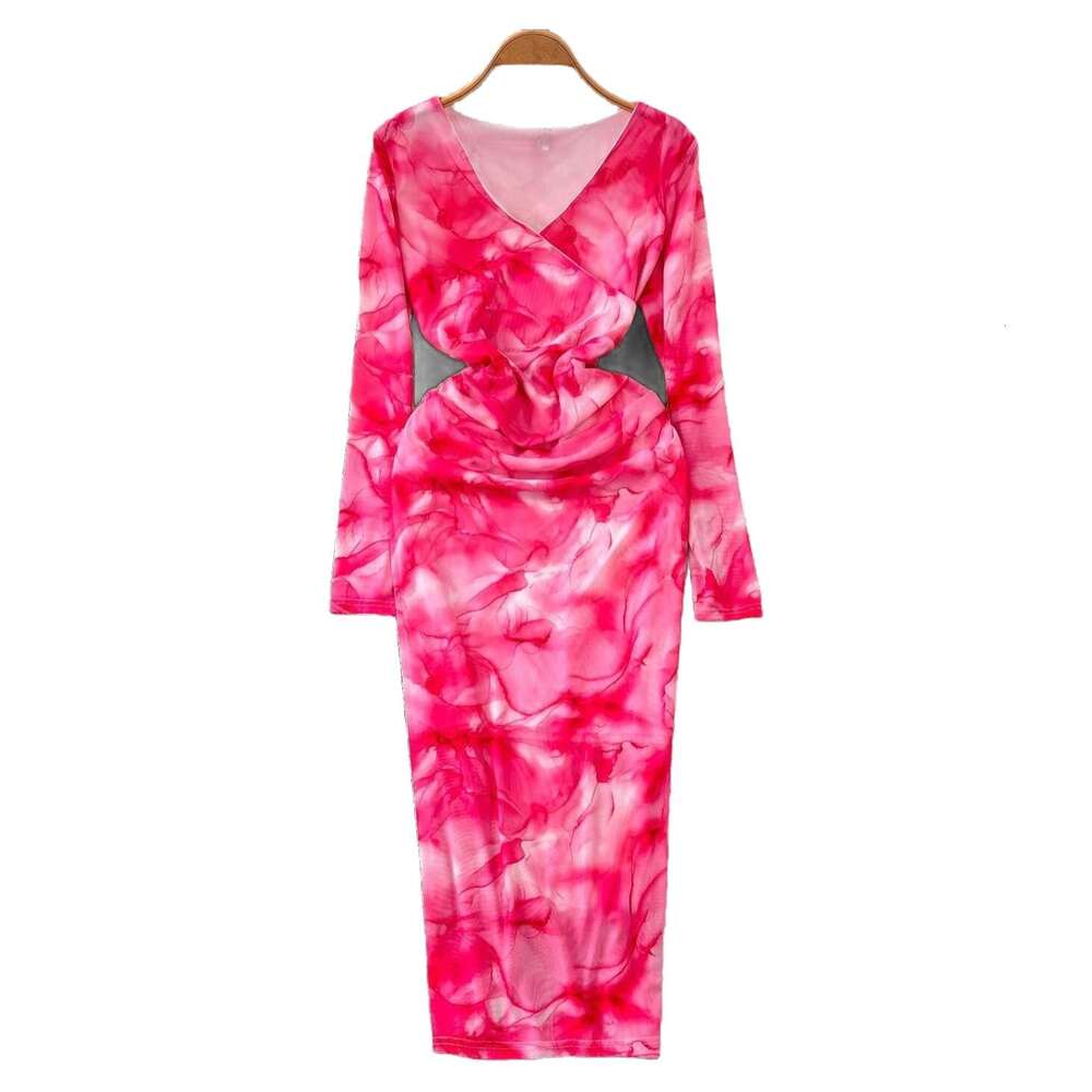 2026 designer elegant French deep V-neck long sleeved printed mesh dress with waist cinching and slim fitting skirt