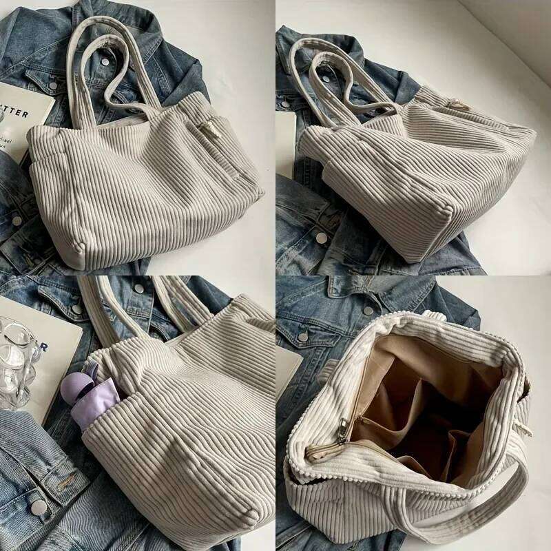 Casual Corduroy with Zipper Closure Light and Large Capacity Fixed Shoulder Strap Solid Color Daily Commuter Handbag XJ260306