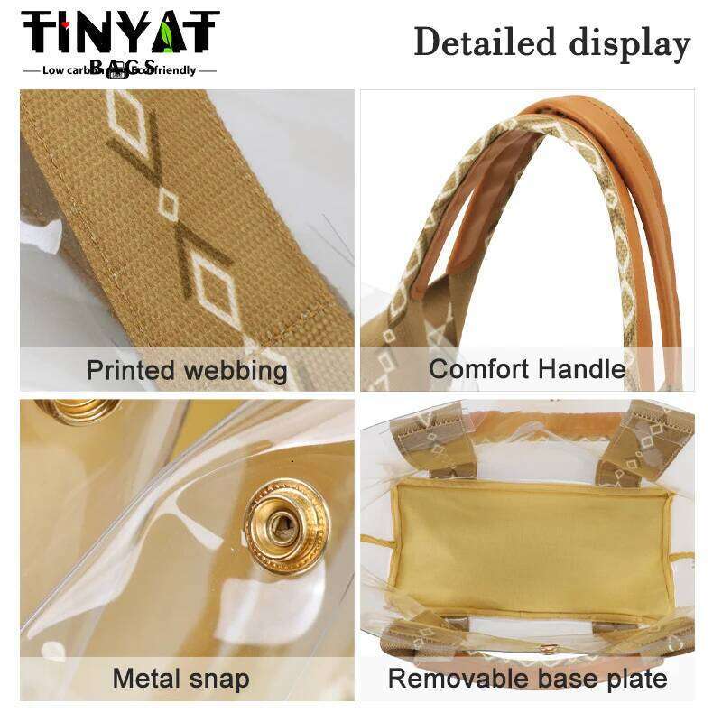 TINYAT Khaki Bohemian Style Clear PVC Tote Bag Women, Transparent Shopper Clutch Purse for Daily Use and Music Festivals XJ260306