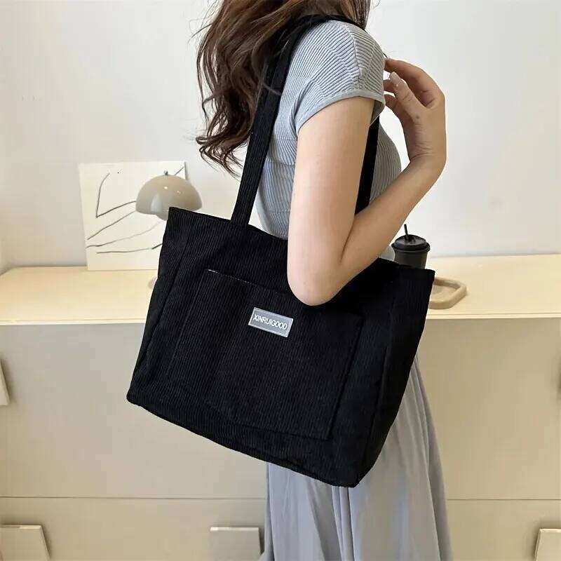 Large Capacity Shoulder Trendy Corduroy Tote Bag Solid Color Ladies Handbag With Front Pocket XJ260306