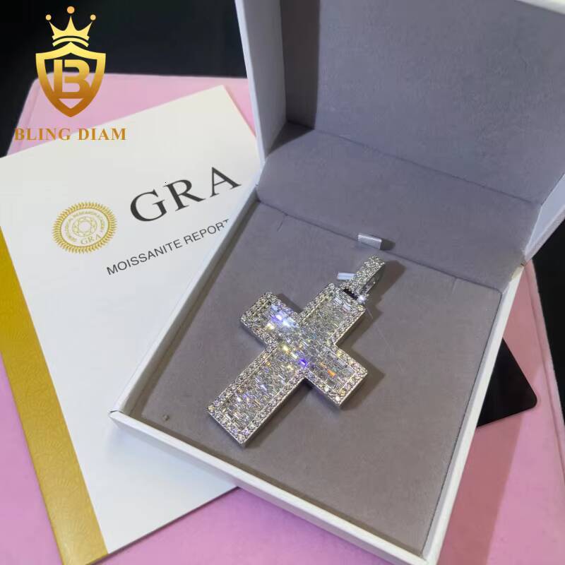 Past Diamond Test Hip Hop Style Cross Moissanite Pendant Charm Solid 925 Silver VVS Moissanite Jewelry Iced Out Cross Pendant