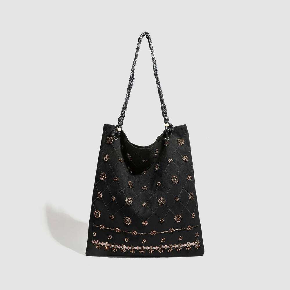 2025 Suede Single Shoulder Ethnic Style Commuting with Ribbon Splicing and Large Capacity Tote Bag XJ260306