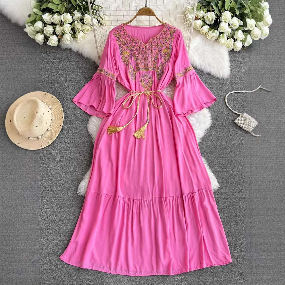 2026 Spring A13 and Autumn Embroidered Dress V-neck Waist Slimming Bell Sleeve Bohemian Style Quarter Sleeve
