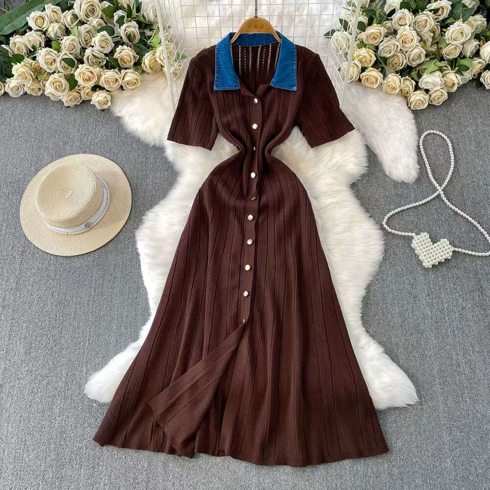 2026 Spring and Summer French New Short sleeved Knitted Dress with Elegant Waist and Wide Bottom, A-line Long Dress
