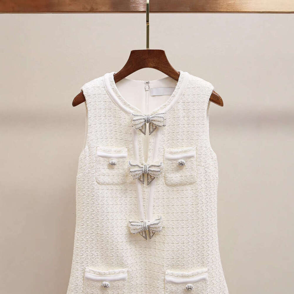 2026 Spring/Summer New French Elegant Social Bead Bow Checkered Tank Top Dress