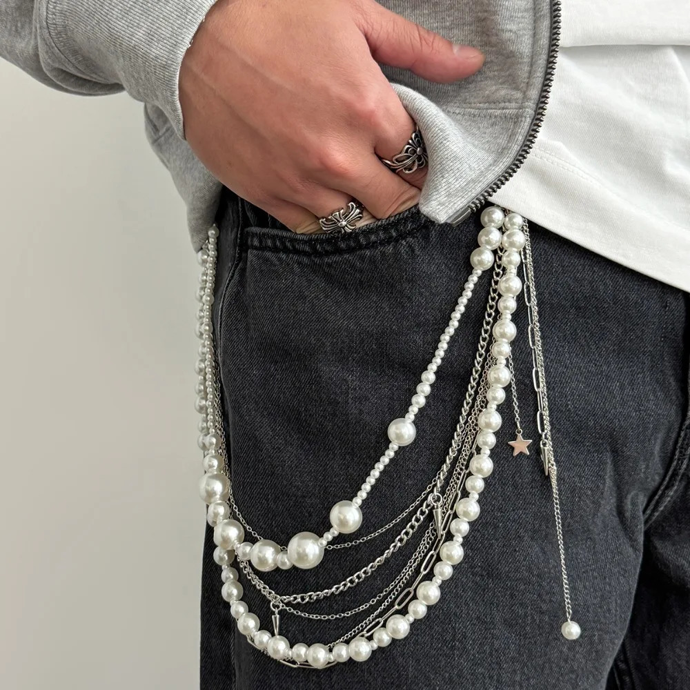 Exquisite Imitation Pearl Trousers Hipster Pant Jean Keychain for Men Punk Trousers Jeans Keyring HipHop Jewelry 260306