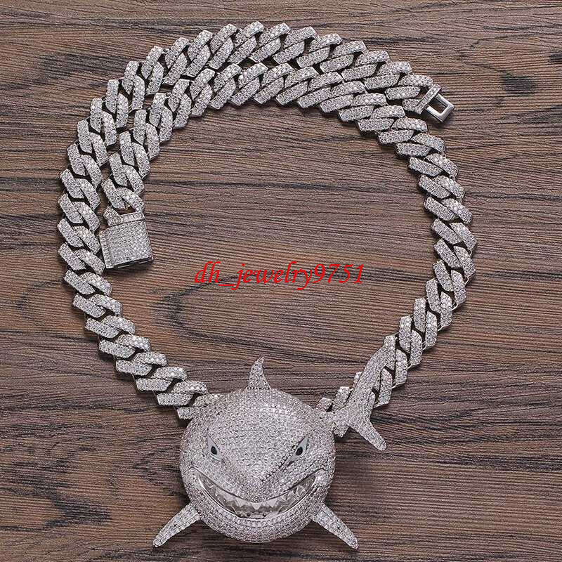 Moissanit Design Iced Out Shark Gemstone Pendant Hip Hop Fashion Gold Necklace Link Chain For Men Rapper Jewelry - view 4