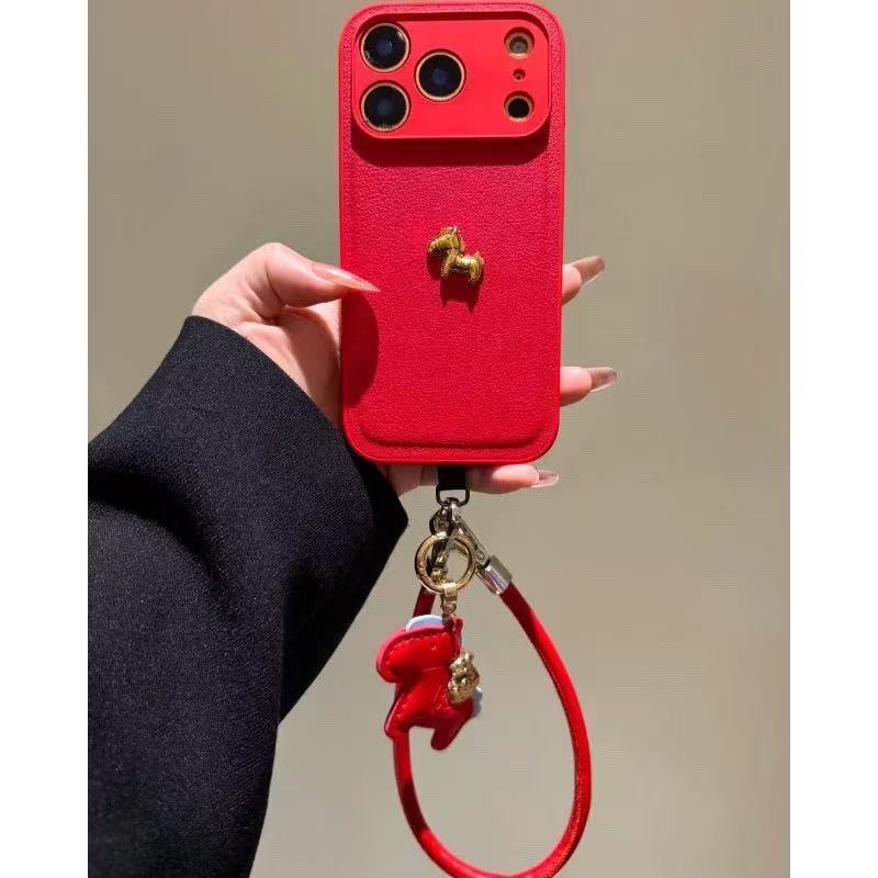 New Year Red Little Golden Horse Compatible iPhone 17 Max Phone Case Apple 16/15 Pro Lychee Pattern 14 with Lanyard