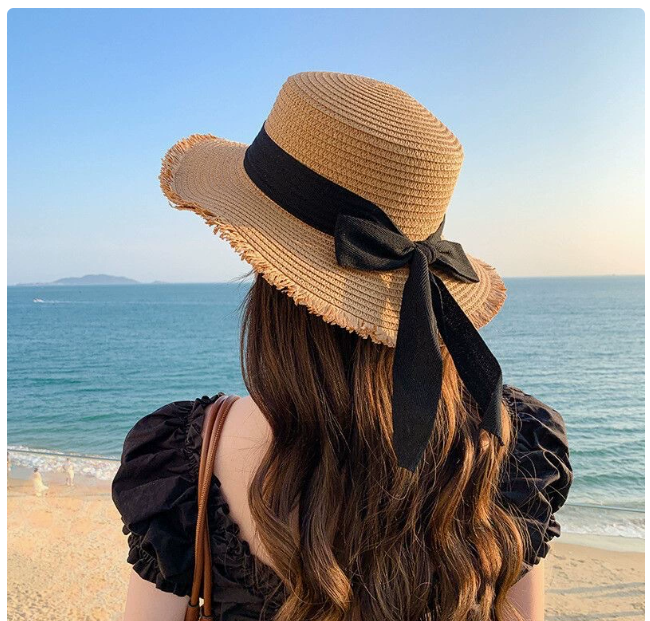 New French-style flat-brimmed straw hat Women's large-brimmed beach hat made of straw for sun protection in summer Natural, lovely, sweet, princess Wide Brim Hats