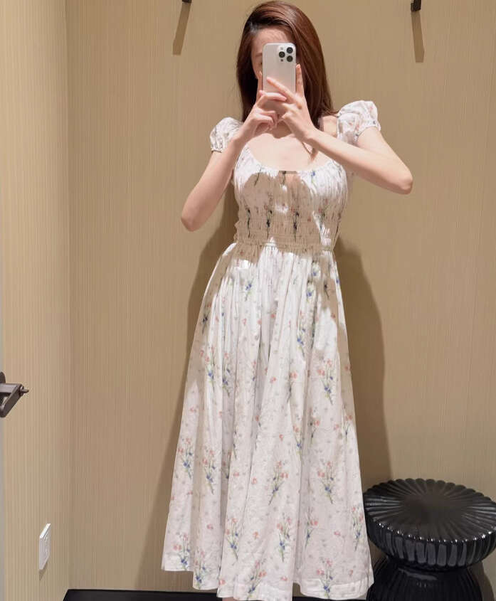 2026 Spring/Summer New Designer Women's Romantic Printed Bubble Sleeves Round Neck Drawstring Waist Skirt