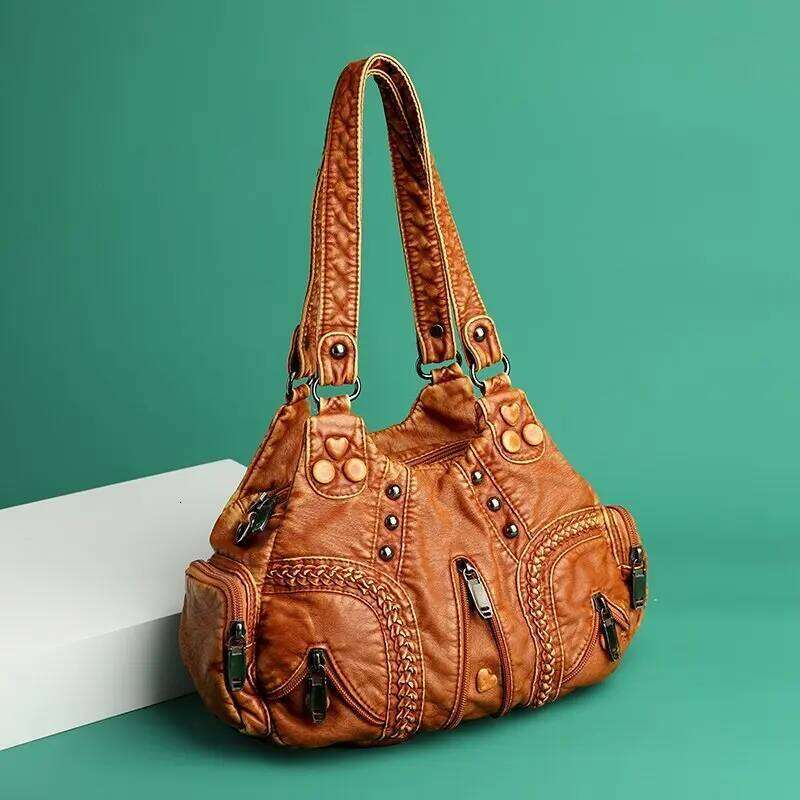 Vintage PU Leather Shoulder Bag Multi Pocket Handbags for Women Casual Large Capacity Girl Retro Designer Crossbody Hobo Bags XJ260306